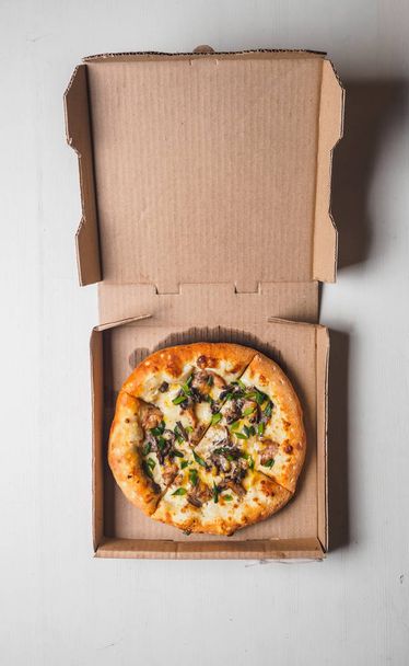 Pizza pizzetta em caixa de entrega de papelão sobre fundo branco
 - Foto, Imagem