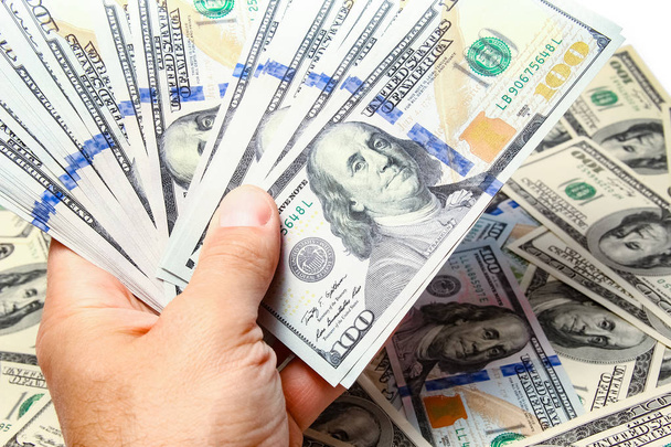Argent dollars dans les mains sur un fond blanc - Photo, image