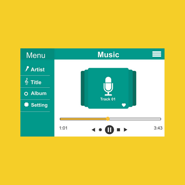 Music player app interface vector color template. Media player navigation screen. Flat UI, GUI. Playing audio, radio - Vektör, Görsel