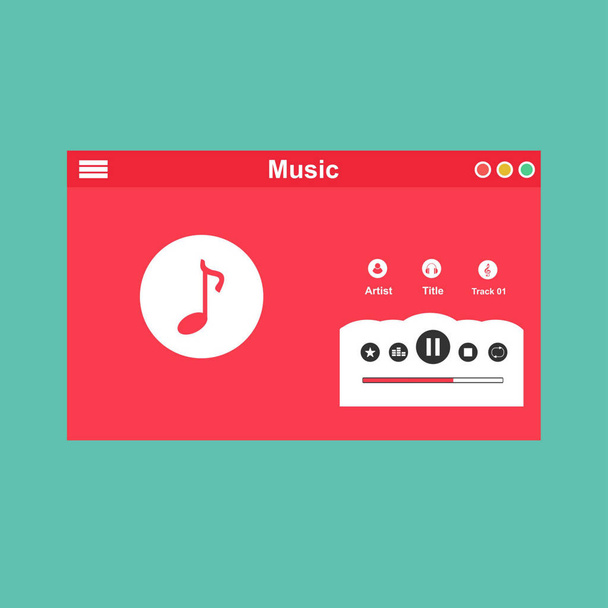 Modern Music player app interface vector color template. Media player navigation screen. Flat UI, GUI. Playing audio, radio. - Vektör, Görsel