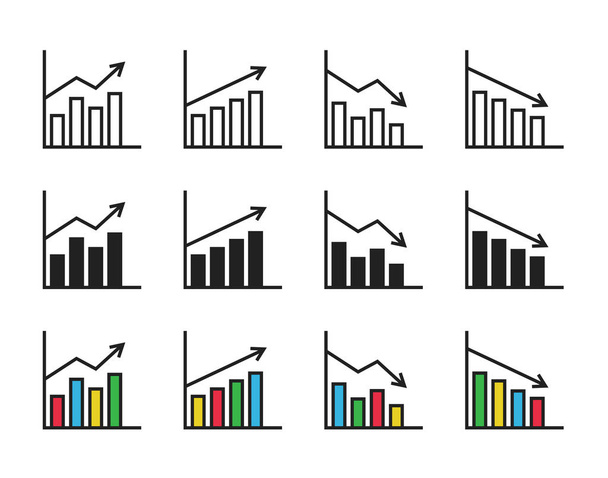 Satz von Wachstumssymbolen, Balkendiagramme mit Pfeilen auf weißem Hintergrund. Grafik-Wirtschaft und Business-Ikone. Vektorillustration. - Vektor, Bild