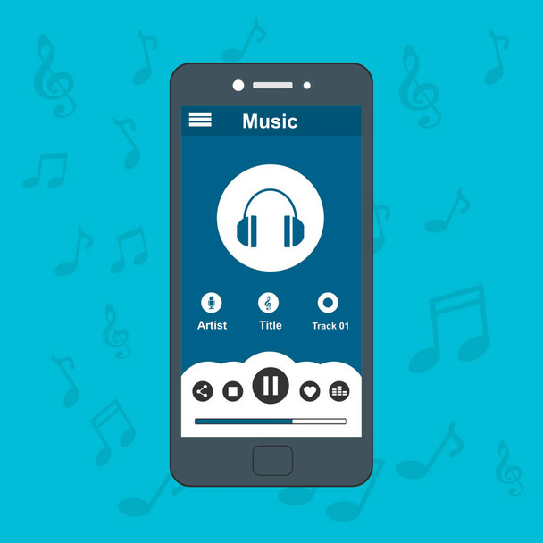 Mobile music application with smartphone icon interface with panel control in modern flat design template - Vector, Imagen