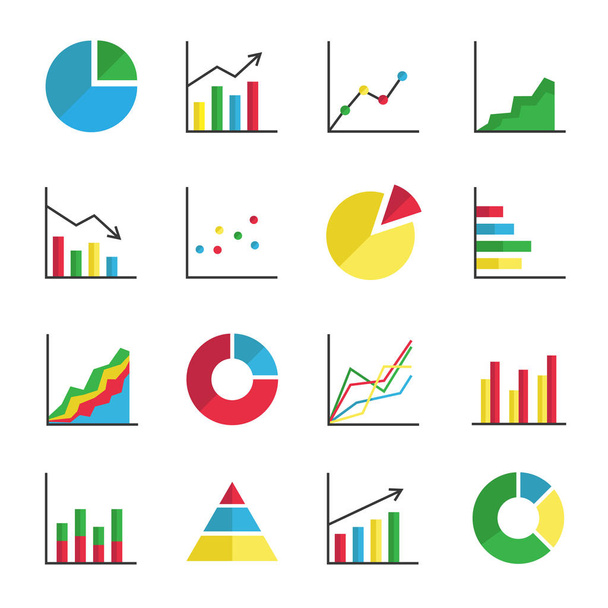 Colourful diagram and chart icons. Vector set of abstract graph elements. Data statistics, infographics, analysis tools. Business illustration.  - Vector, Image