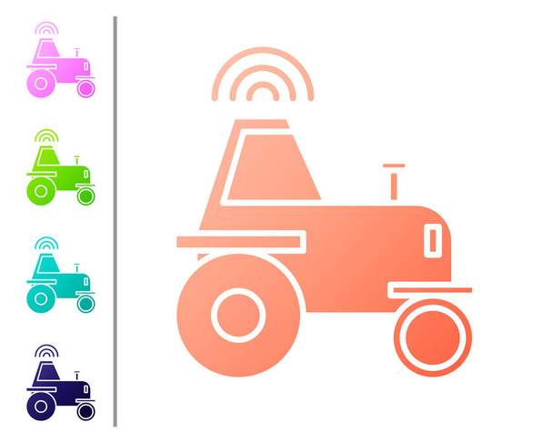 Coral Self jazdy ciągnika bezprzewodowego na inteligentnej ikony gospodarstwa izolowane na białym tle. Element wdrażania inteligentnego rolnictwa. Ustaw ikony kolorów. Ilustracja wektora - Wektor, obraz
