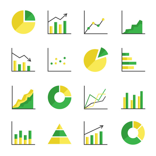 緑と黄色の図とチャートのアイコン。抽象グラフ要素のベクトル集合。データ統計、インフォグラフィック、分析ツール。業務用イラスト.  - ベクター画像