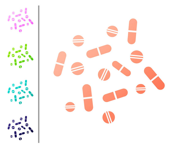 Pilulka na korálový lék nebo ikona tabletu izolovaná na bílém pozadí. Pilulka s kapslí a značka drog. Návrh lékárny. Nastavte barevné ikony. Vektorová ilustrace - Vektor, obrázek