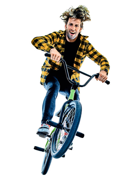 BMX rider cyclist cycling freestyle acrobatic stunt isolated white background - Foto, afbeelding