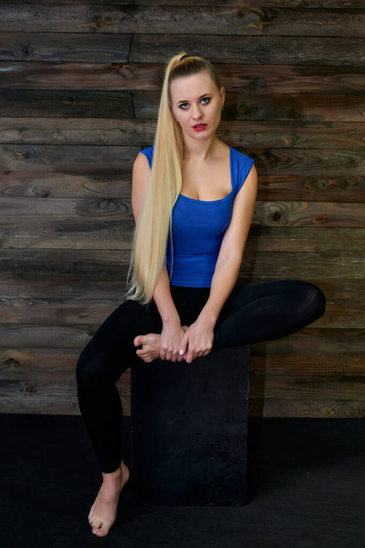 Art concept of a stylish model portrait. Portrait of a slender woman with long beautiful hair and excellent make-up on a creative background of wood in the loft style. - Fotografie, Obrázek