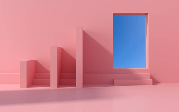 Spazio interno minimale con forma geometrica e colori pastello, luce del sole gettare l'ombra sulla parete con sfondo cielo blu. Rendering 3D
. - Foto, immagini