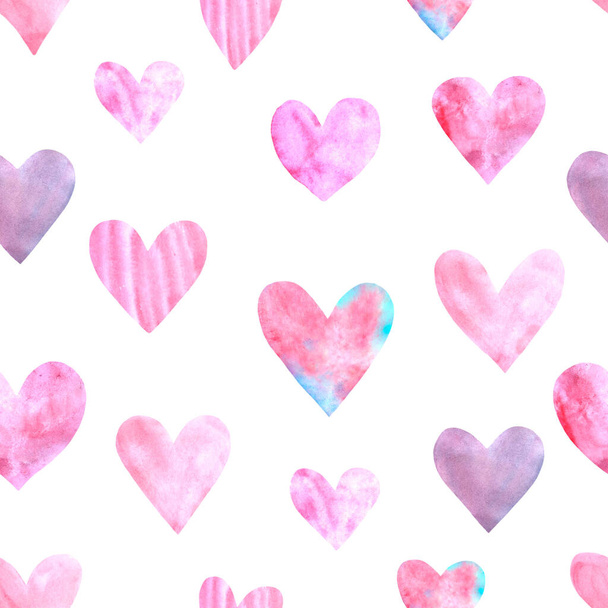 Backgrounds, textures, frames, seamless patterns of red pink blue black watercolor hearts. Hand drawn. Love romance theme for birthday, Valentine's day, greeting card, wedding, wrapping paper - 写真・画像