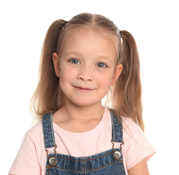 Portrait of cute little girl on white background - Foto, Imagem