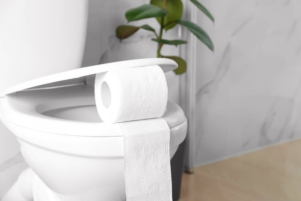 New paper roll on toilet seat in bathroom - 写真・画像