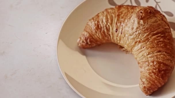 Close up of freshly baked croissant lying on ceramic plate on white table background. Stock footage. Bakery product and food concept. - 映像、動画
