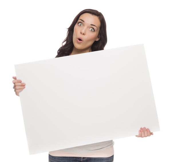Wide Eyed Mixed Race Female Holding Blank Sign on Whit - Φωτογραφία, εικόνα