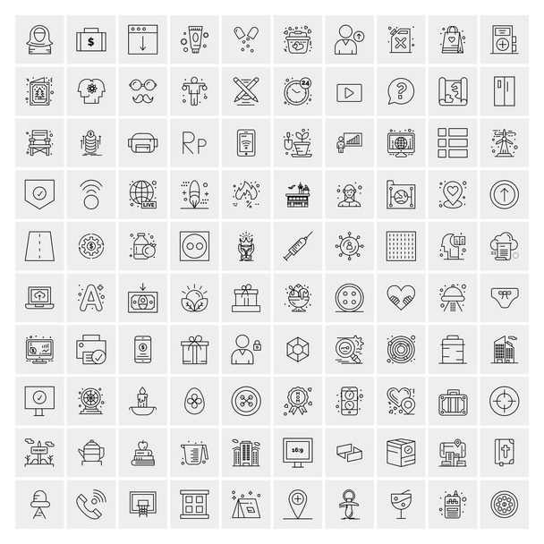 100 Universal Black Line Icons on White Background - Vector, Image