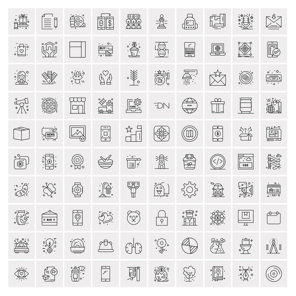 100 Universal Black Line Icons on White Background - Vector, Image