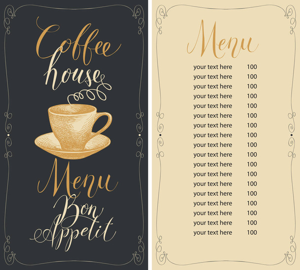 Kaffeehaus-Menü mit heißem Kaffee und Preisliste - Vektor, Bild