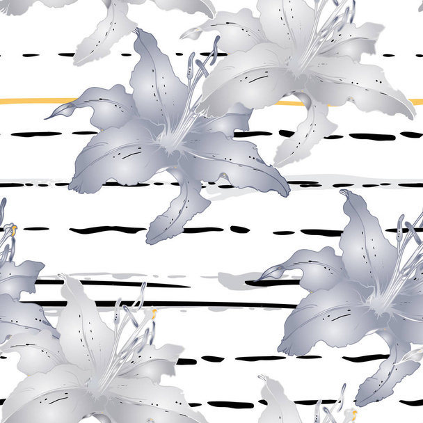 Floral Black and White Seamless Pattern. Stripe - Vector, Image