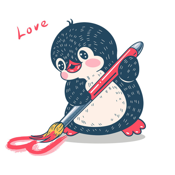 Kış illüstrasyonu. Komik karikatür pengueni fırçayla kalp çizer. Vektör. - Vektör, Görsel