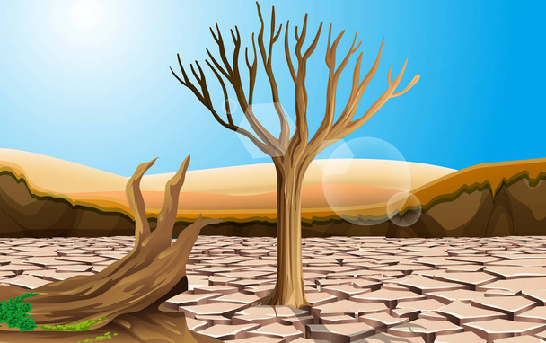  砂漠の乾燥した土の上の木の風景 - ベクター画像