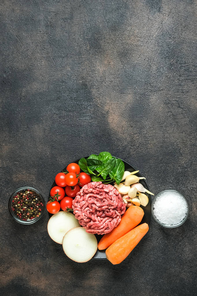 Μινς. Θρυμματισμένο κρέας με συστατικά φρέσκα λαχανικά και μπαχαρικά για μαγείρεμα σε σκούρο φόντο. Ελεύθερος χώρος αντιγραφής. Άνω όψη. - Φωτογραφία, εικόνα