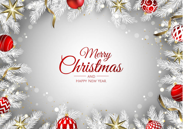 Tarjeta de felicitación navideña con decoraciones de árboles de Navidad, ramas de pino, copo de nieve y confeti. - Vector, imagen