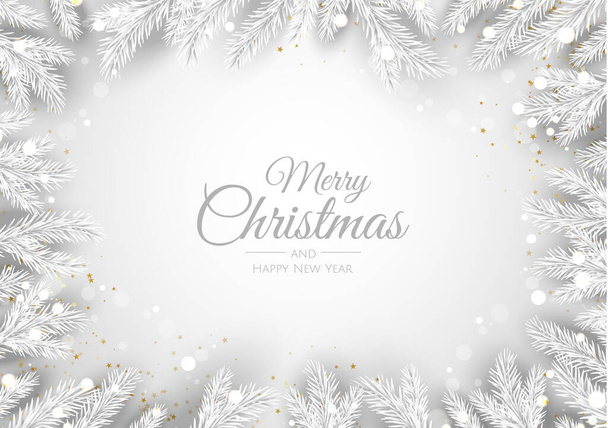 Vánoční přání s vánoční ozdobou stromků, borovicové větve, sněhová vločka a konfety. - Vektor, obrázek
