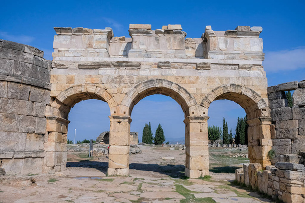 The main gate of Hierapolis,  North Roman Gate, Pamukkale, Denizli, Turkey. Ancient city of Hierapolis. - Photo, Image