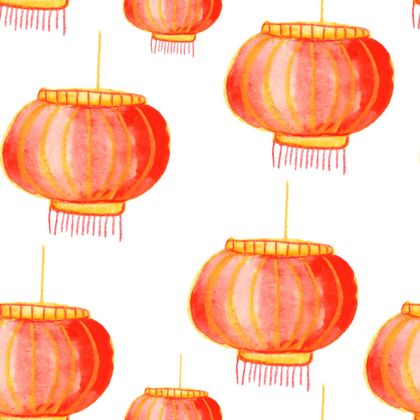 Bezproblémový vzor s tradičními papírovými čínskými lucernami. Ručně kreslené akvarelem a barevnými tužkami. Čínský Nový rok2020. Pro blahopřání, potisky, balicí papír a textilní design - Fotografie, Obrázek