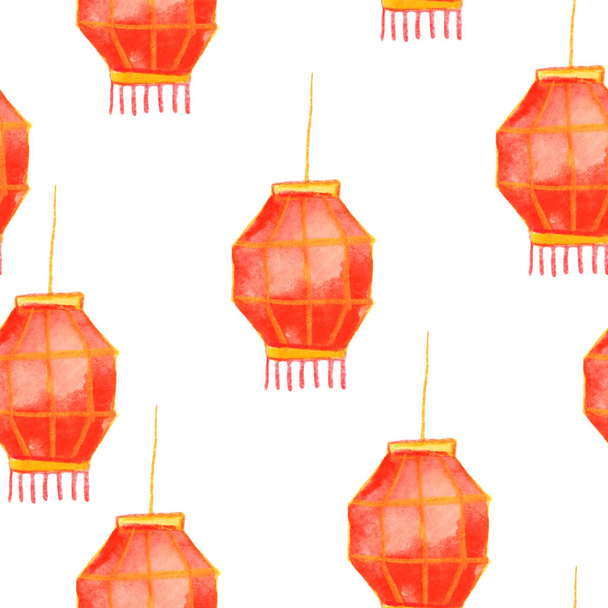 Motif sans couture avec des lanternes chinoises traditionnelles en papier. Dessiné à la main avec aquarelle et crayons de couleur. Nouvel An chinois 2020. Pour cartes de vœux, impressions, papier d'emballage et conception de tissu
 - Photo, image