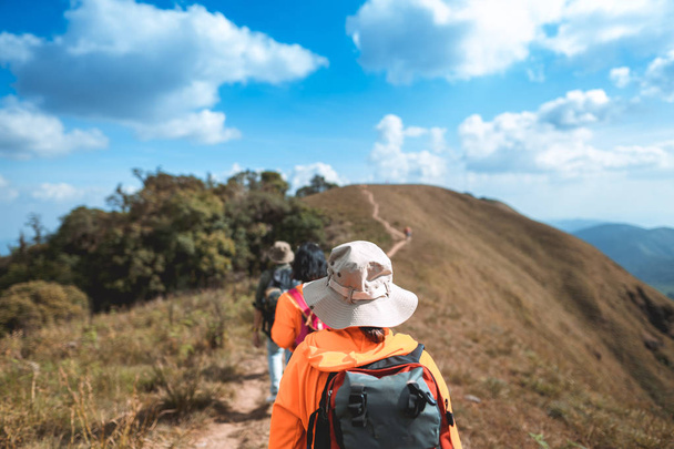 Trekking Backpackers na zlatých horách s jasným dnem - Fotografie, Obrázek
