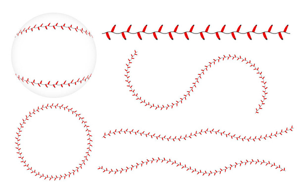 Бейсбольные шнурки установлены. Красный бейсбольный шов кисти. Кружево от бейсбола на белом фоне
.  - Вектор,изображение