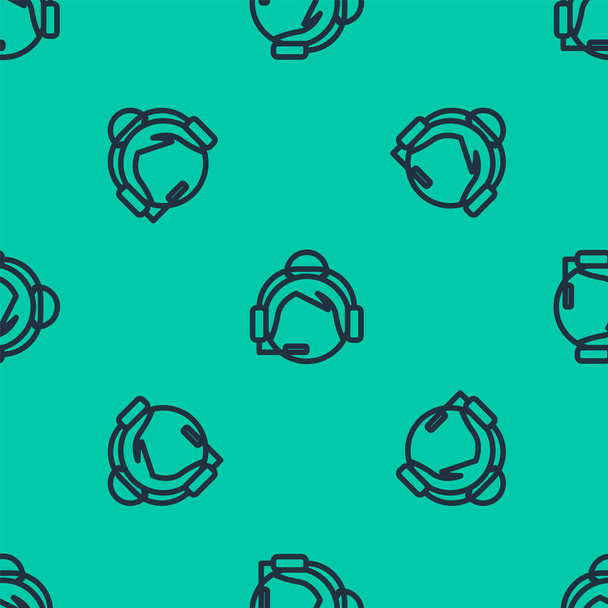 Μπλε γραμμή Γυναίκα με ένα εικονίδιο ακουστικά απομονωμένη αδιάλειπτη μοτίβο σε πράσινο φόντο. Κέντρο υποστήριξης σε επαφή. Concept για τηλεφωνικό κέντρο, εξυπηρέτηση πελατών. Εικονογράφηση διανύσματος - Διάνυσμα, εικόνα
