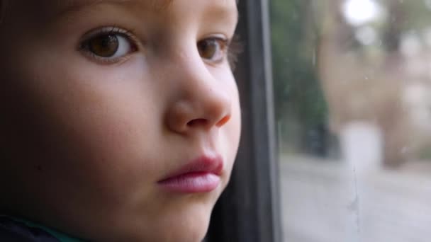 Primer plano de un niño curioso mirando por la ventana en tren. Un niño reflejándose en el cristal. El chico mira el sol. Emociones faciales de viajero pequeño
. - Metraje, vídeo