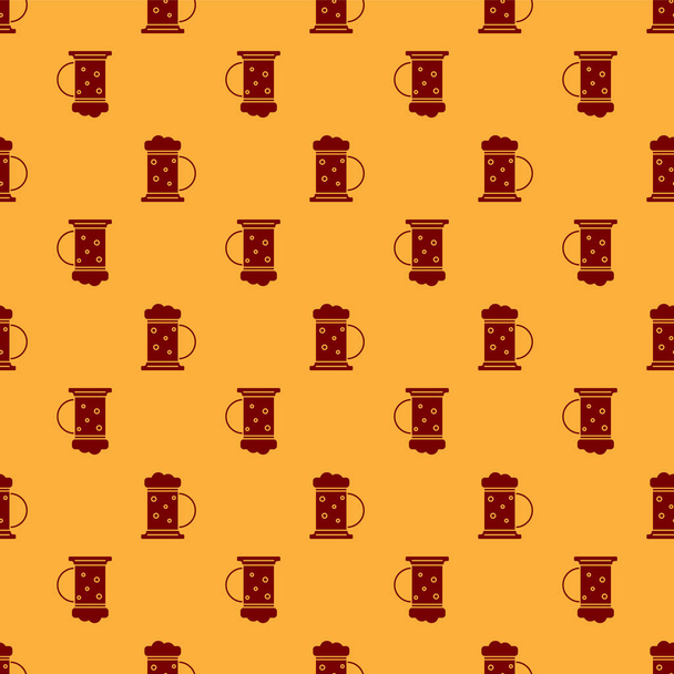 Red Wooden beer mug icon isolated seamless pattern on brown background. Vector Illustration - Vector, afbeelding
