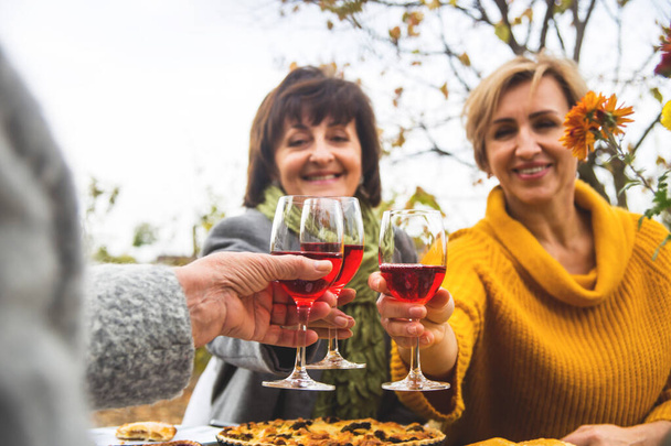 Las mujeres tintinean copas con vino en la cena familiar de otoño
. - Foto, Imagen