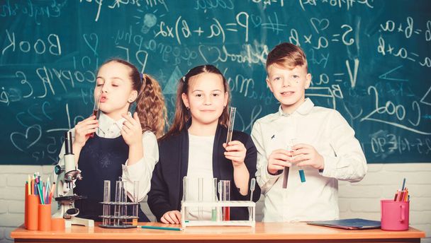 Test tubes with colorful substances. School laboratory. Group school pupils study chemical liquids. Girls and boy student conduct school experiment with liquids. Check result. School chemistry lesson - 写真・画像