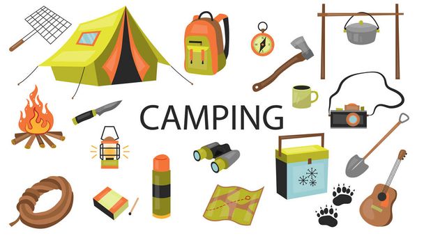 Concept de camping. Ensemble d'équipements pour le camping avec symboles et icônes. Style plat. Illustration vectorielle
 - Vecteur, image