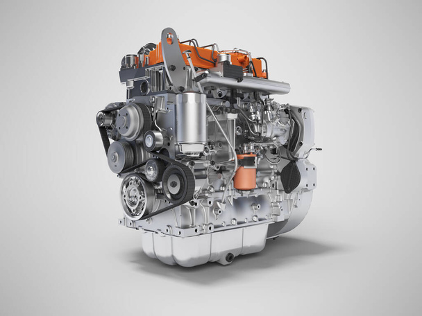 3d rendering motor voor de auto assemblage op grijze achtergrond met  - Foto, afbeelding