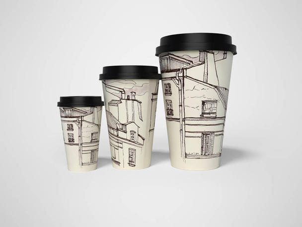 3d representación de grupo de vasos de papel desechables con textura de la ciudad
 - Foto, Imagen