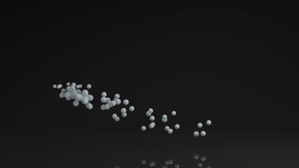 多くの白い滴の3Dアニメーションは、 1つのドロップ、ボール、球にマージします。表面に反射して暗い空間での液滴の動き. - 映像、動画