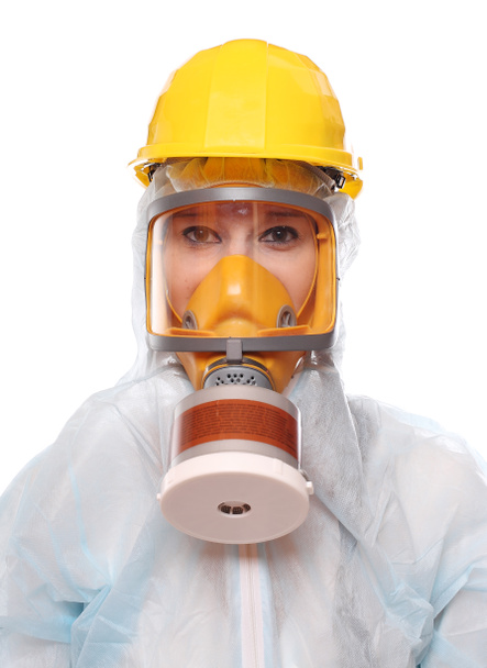 Femme asiatique en masque à gaz et costume bio-danger
 - Photo, image