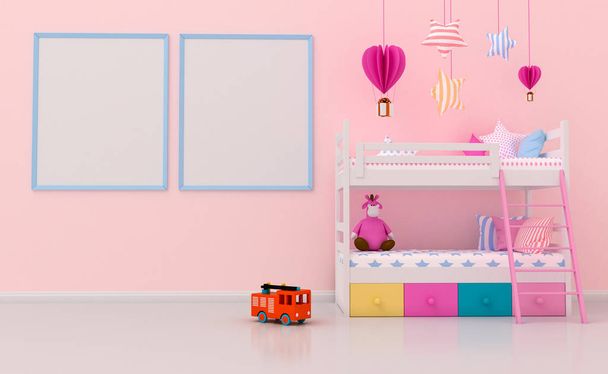 Mock up Kinderzimmer Innenausstattung, Wand im Kinderzimmer mit Bilderrahmen, 3D-Darstellung. - Foto, Bild