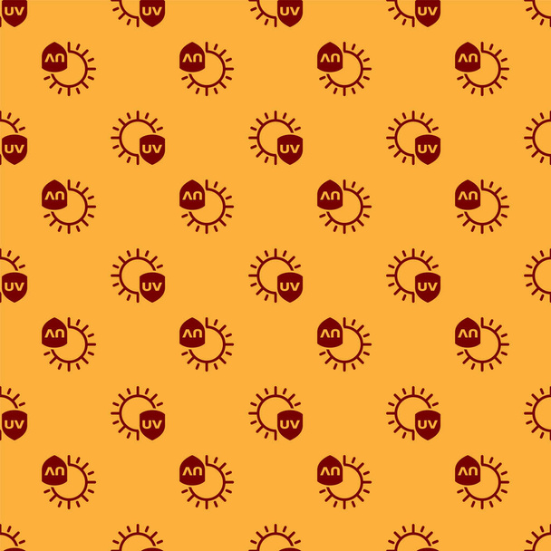 Icono de protección UV rojo aislado patrón sin costura sobre fondo marrón. Sol y escudo. Radiación ultravioleta. Señal solar SPF. Ilustración vectorial
 - Vector, imagen