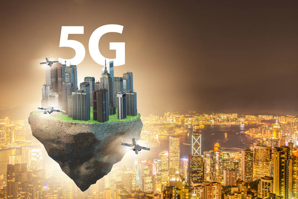 Concept of 5g technology with floating island - Photo, Image