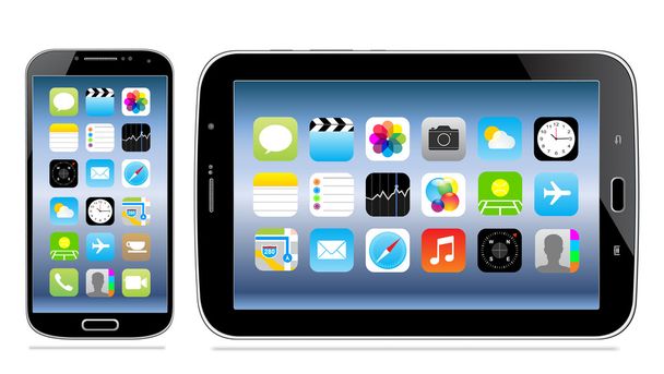 Tablet and mobile phone with icon on screen - Vector, Image