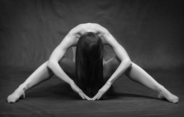 Photo de style de nudité artistique classique de la femme travaillant sur fond noir
 - Photo, image