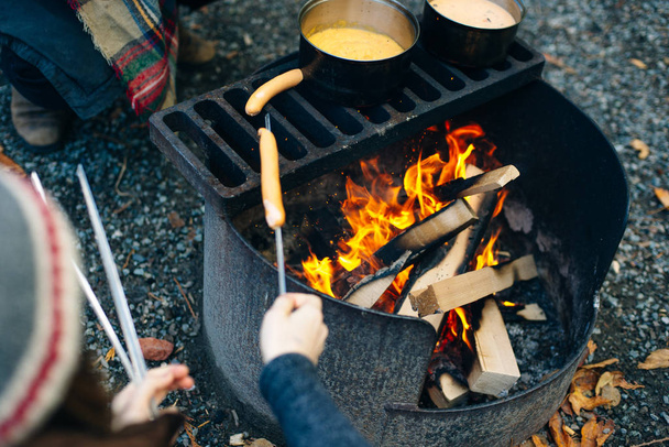 Salsichas de fogueira em uma fogueira com uma grelha no fundo
. - Foto, Imagem