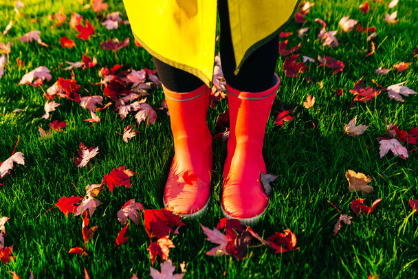 Gelber Regenmantel. Gummistiefel dagegen. Konzeptbild von Beinen in Stiefeln auf grünem Gras. - Foto, Bild