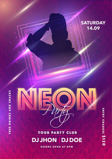 Neon Party Template or Flyer Design with Silhouette Man and Ligh - Vector, Image